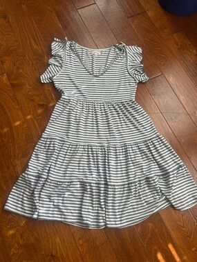 Max Studio Blue & White Striped Cold-Shoulder Tiered Dress